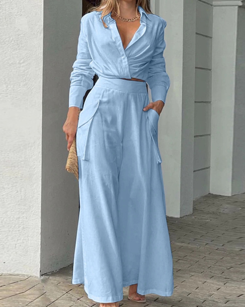 Lapel Casual Solid Color Two-Piece Set