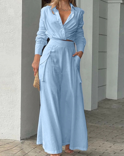 Lapel Casual Solid Color Two-Piece Set