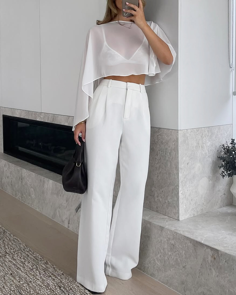 Two-piece set: shawl-style chiffon top + solid color pants