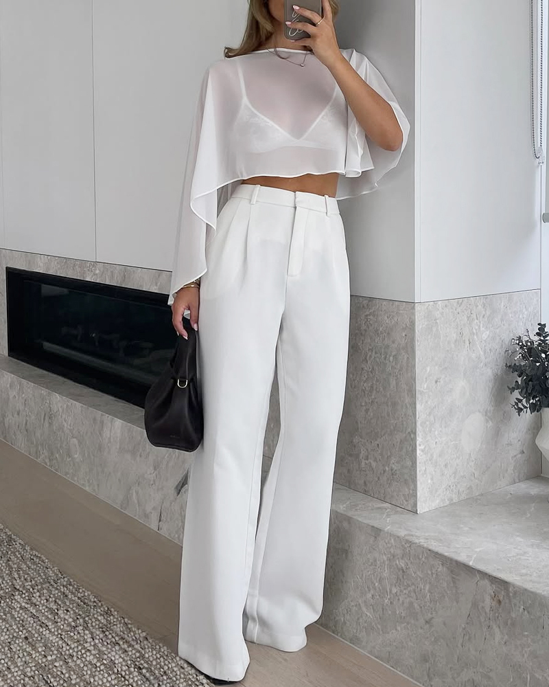 Two-piece set: shawl-style chiffon top + solid color pants