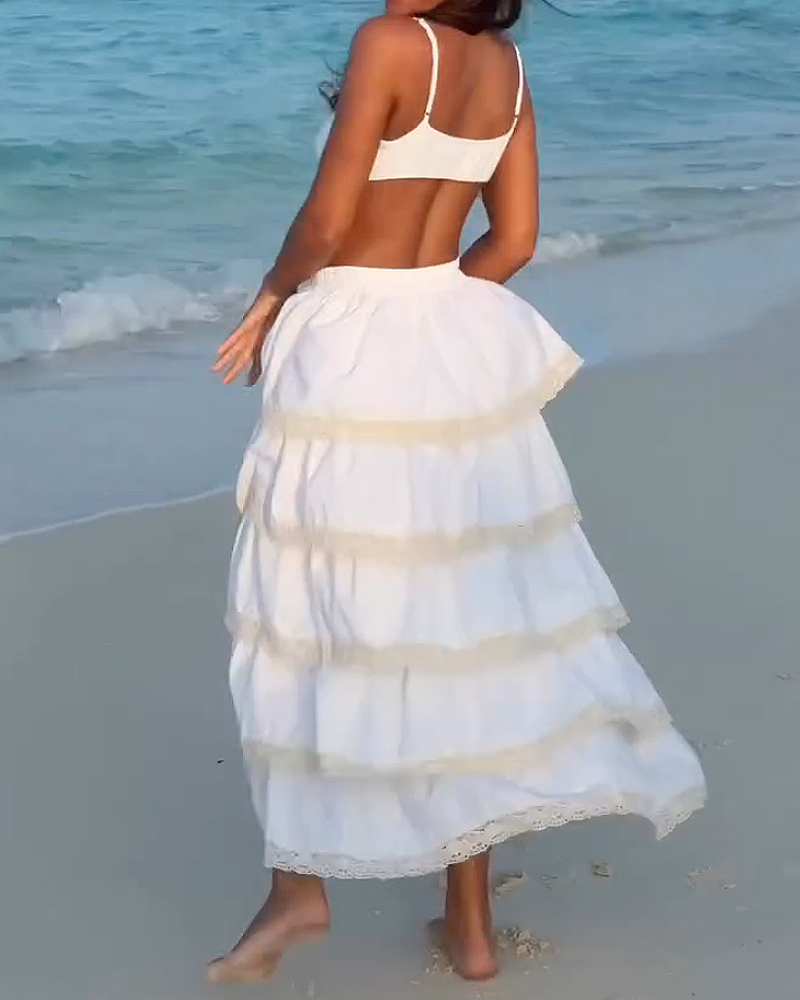 Sleeveless Multi Layer Solid Color Two-Piece Set