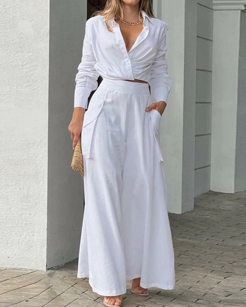 Lapel Casual Solid Color Two-Piece Set