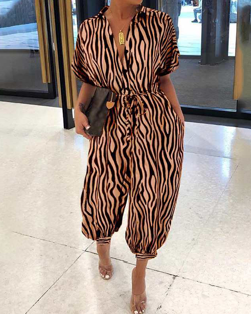 Striped button-down jumpsuit with lapel