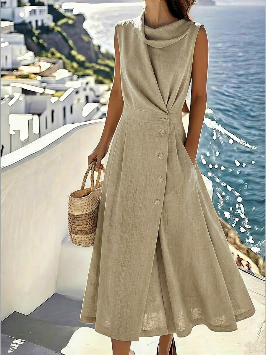 Women's Elegant Linen And Cotton Sleeveless Dress