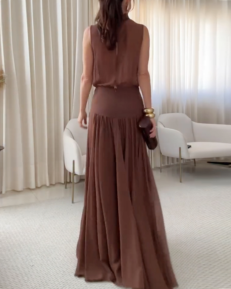 Elegant sleeveless solid color waist-cinching dress