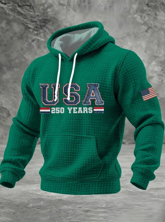 Men's 250th Anniversary USA Flag Patch Waffle Knit Hoodie-pufftee