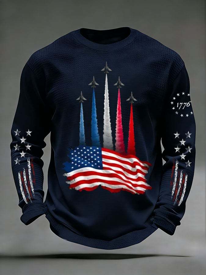 Men's 250th Anniversary US Flag Airplane Flyover Long-Sleeve Textured T-Shirt-pufftee