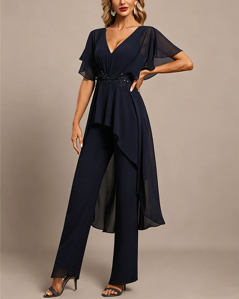 Navy Chiffon Lace Beaded Waist Cape Sleeve Formal Pant Suit