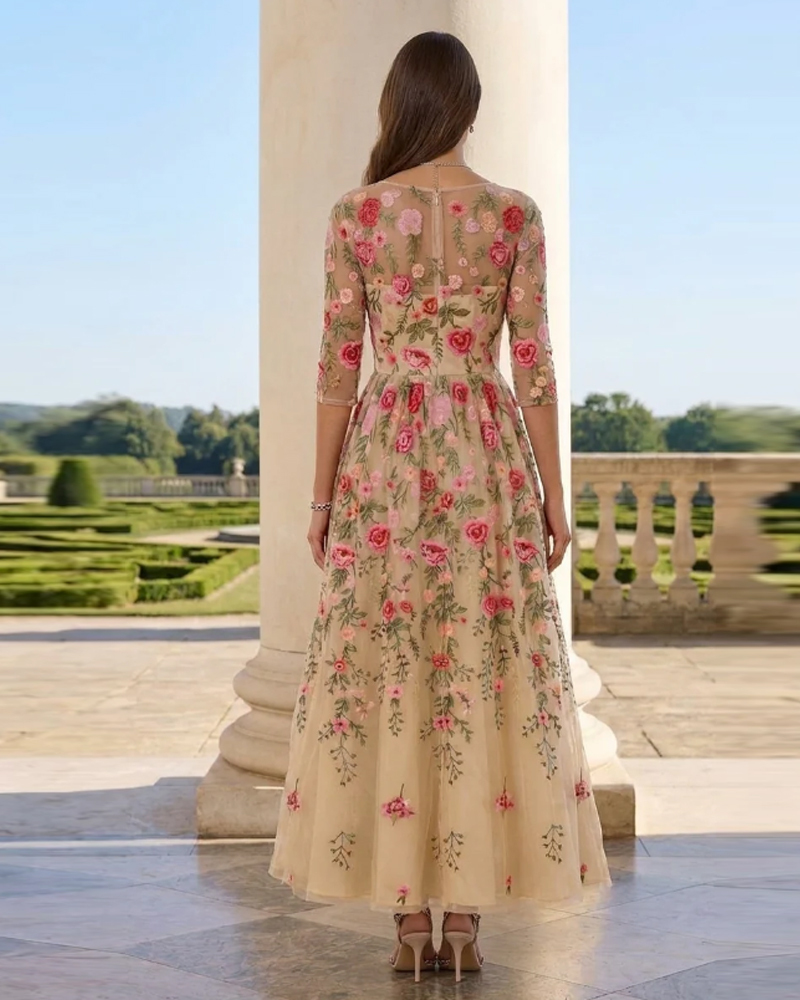A-Line/Princess Scoop Lace Embroidery Dresses 3/4 Sleeves Floral Tea-Length