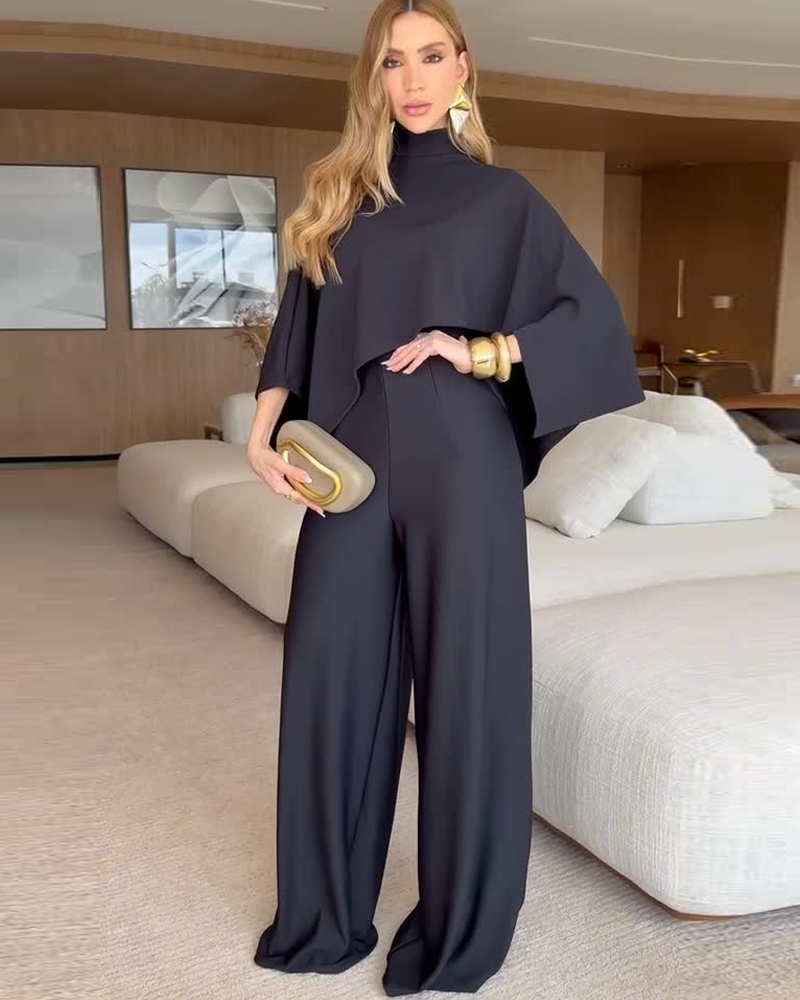 Black Cape Sleeve High Neck Oversized Wide Leg Jumpsuit