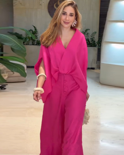 Women Summer Two Piece Set - Hot Pink Cape Sleeve Blouse & High Waisted Wide Leg Pants