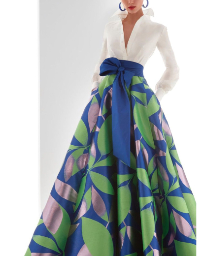 Blue Green Leaf Print Maxi Skirt & White Shirt Set