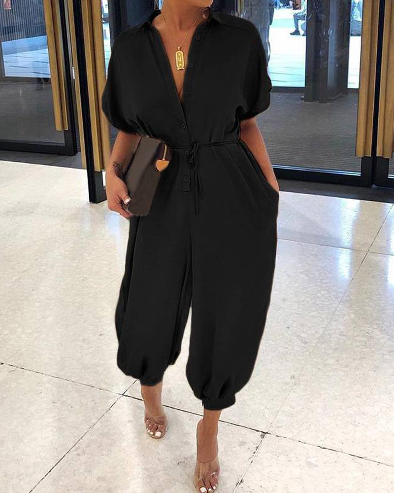 Lapel solid color button jumpsuit