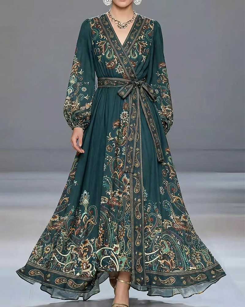Boho Dark Green Paisley Print Maxi Dress, Wrap V Neck Long Sleeve Dress
