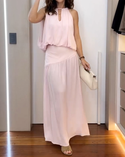 Elegant Sleeveless Solid Color Two-Piece Set