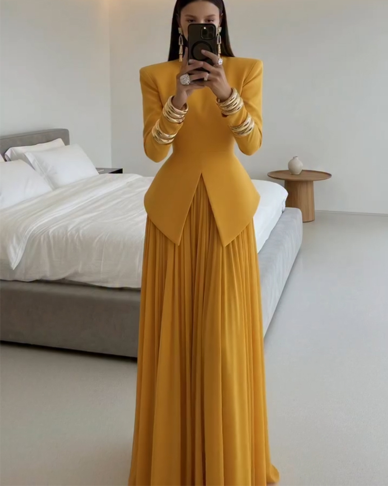 Elegant Solid White Two-Piece Maxi Dress with Pleated Skirt & Structured Blazer Top