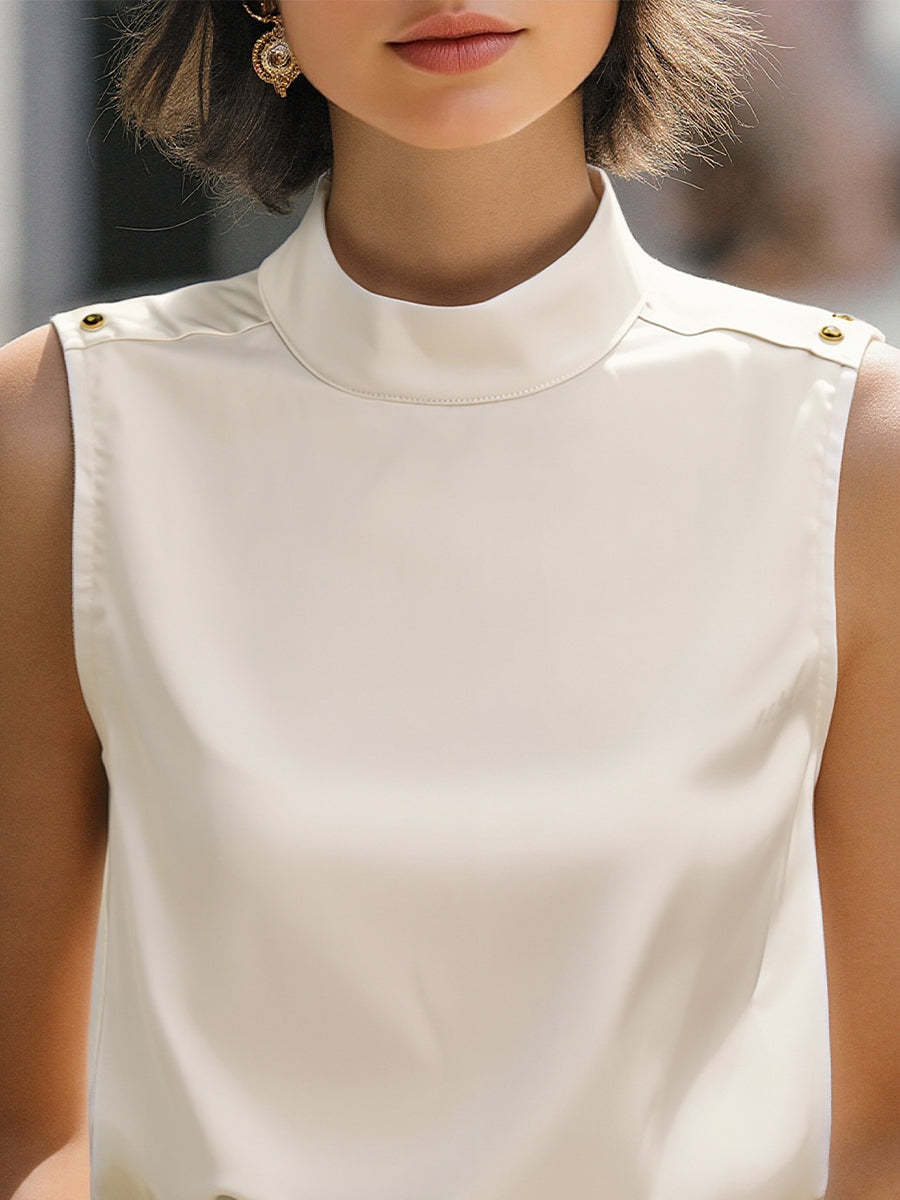 Elegant Ivory High-Neck Sleeveless Satin Blouse