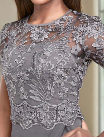 Stretch Chiffon Round Neck Short Sleeves Floor LengthPantsuits with Appliques Lace