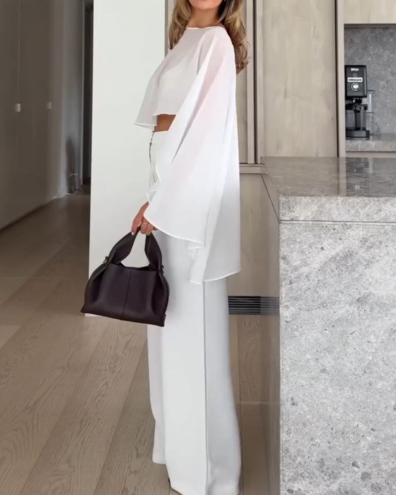 Two-piece set: shawl-style chiffon top + solid color pants