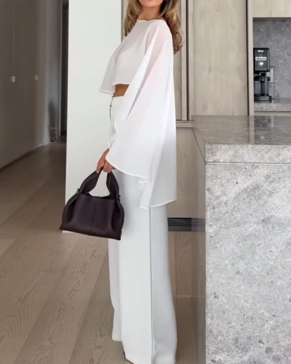 Two-piece set: shawl-style chiffon top + solid color pants