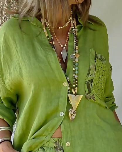 Collared Cotton And Linen Printed Casual Two-Piece Set