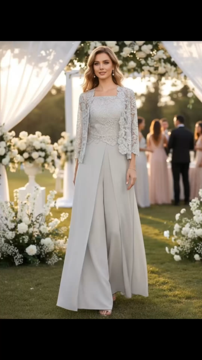 Chiffon Square Neck Floor-Length Mother of the Bride Pantsuits with Jacket & Split Side