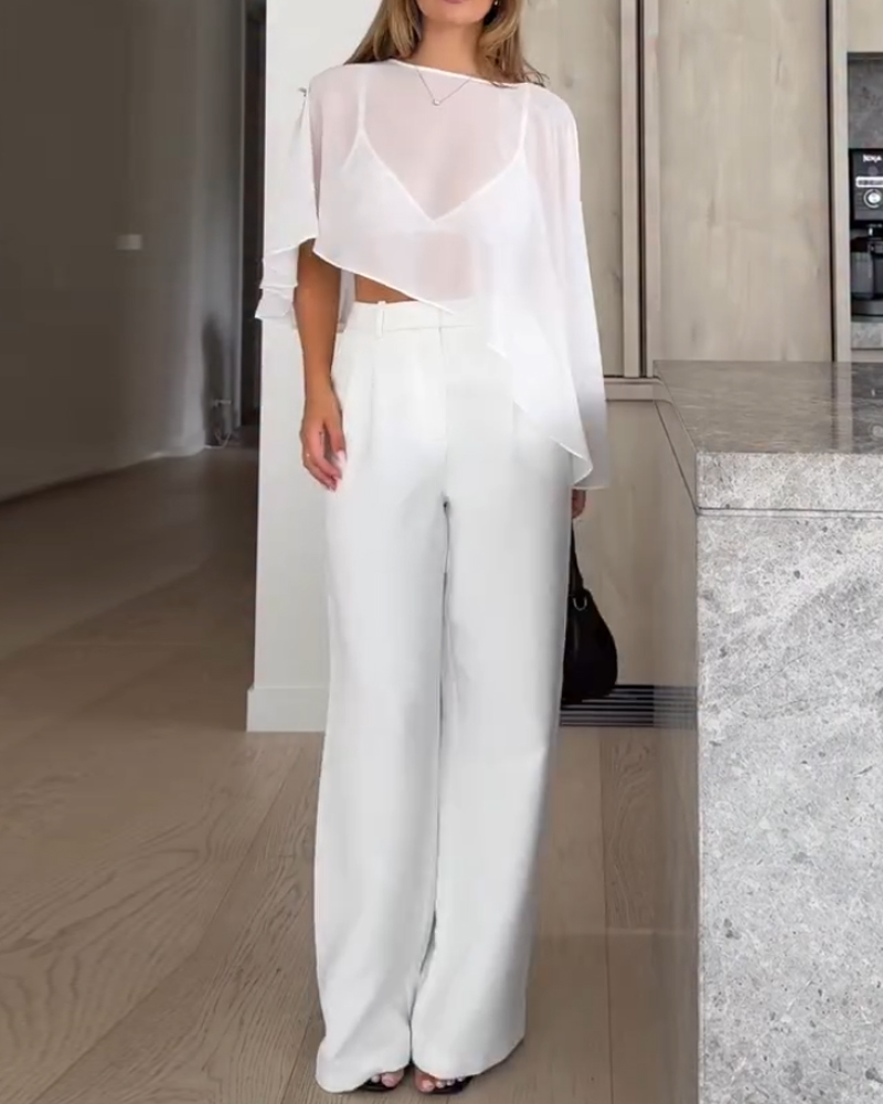 Two-piece set: shawl-style chiffon top + solid color pants