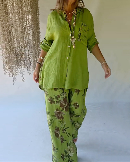 Collared Cotton And Linen Printed Casual Two-Piece Set