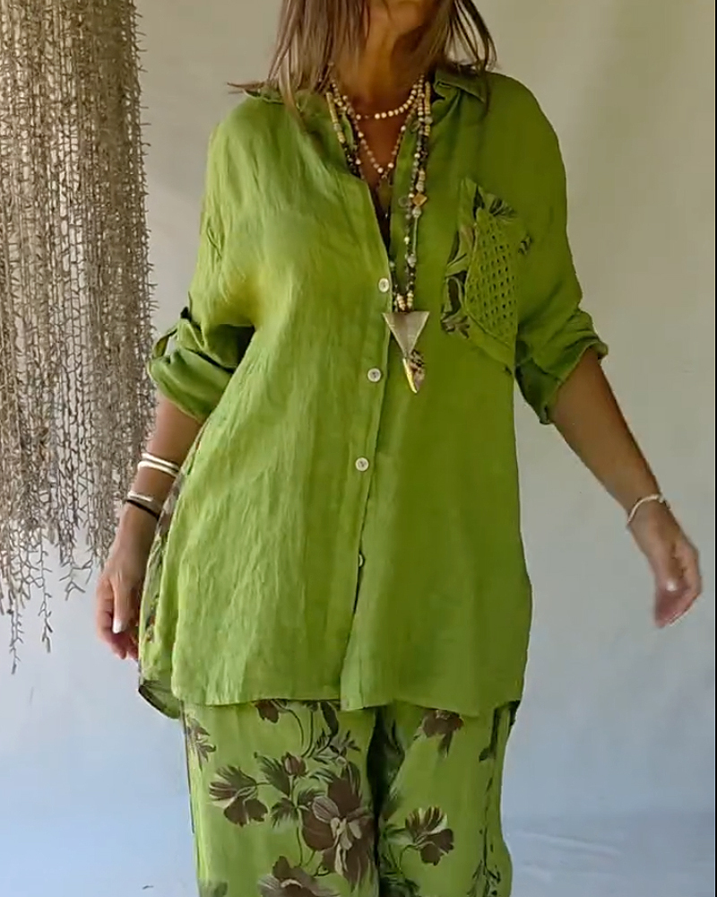 Collared Cotton And Linen Printed Casual Two-Piece Set