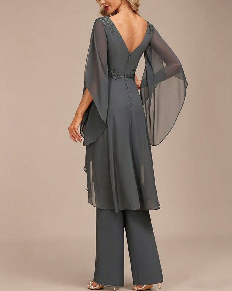 Grey Lace Embellished Chiffon Overlay Mother of the Bride Pant Suit