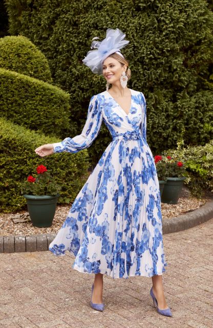 White Blue Floral Pleated Midi Dress with Puff Sleeves
