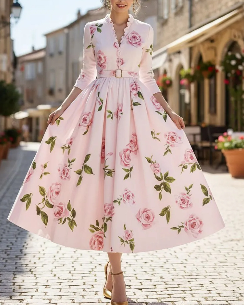 Elegant V-neck Printed Dress