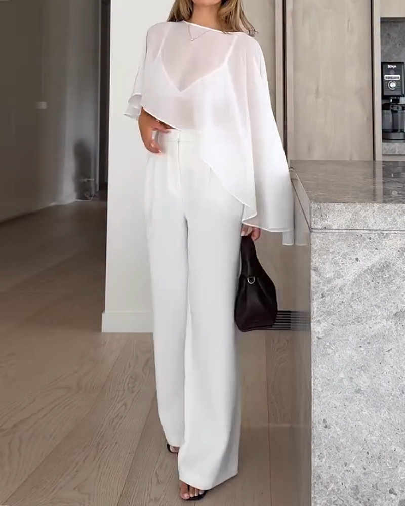 Two-piece set: shawl-style chiffon top + solid color pants