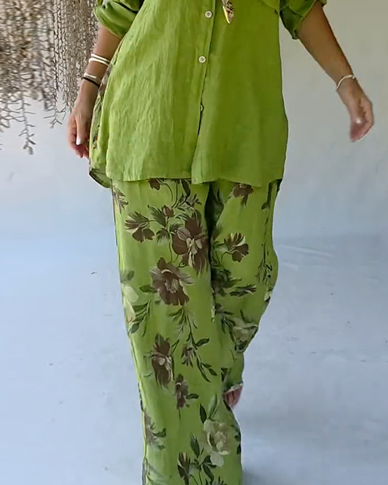 Collared Cotton And Linen Printed Casual Two-Piece Set