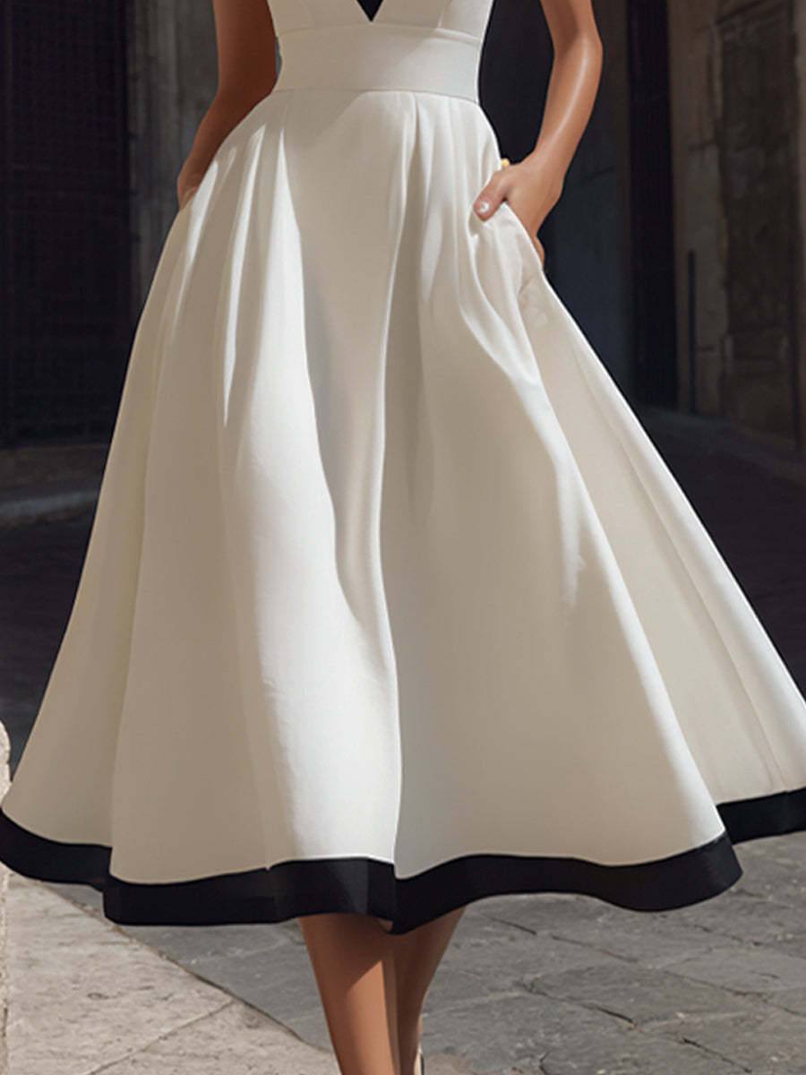 Elegant V-Neck A-Line Midi Dress With Contrast Trim And Pockets
