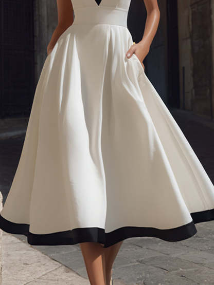 Elegant V-Neck A-Line Midi Dress With Contrast Trim And Pockets