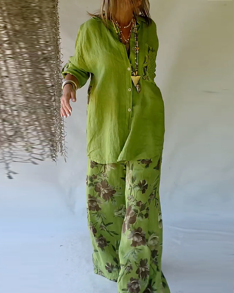 Collared Cotton And Linen Printed Casual Two-Piece Set