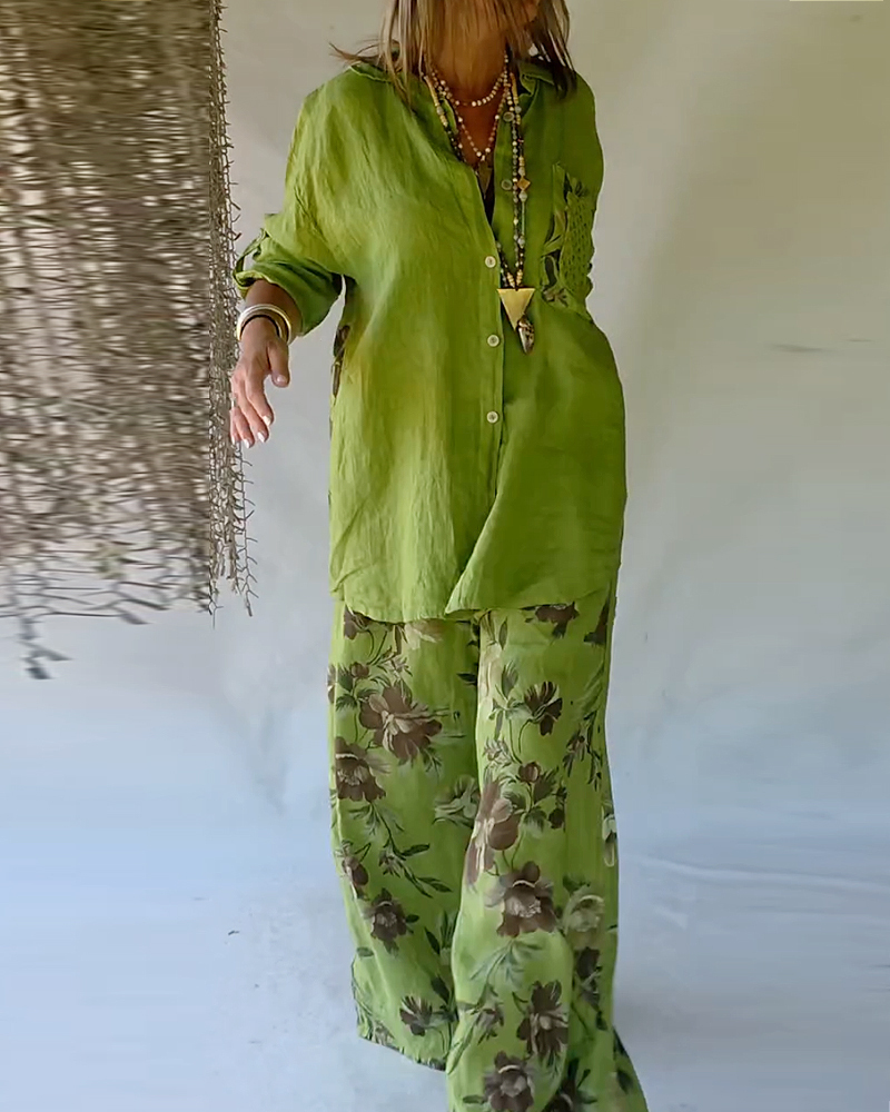 Collared Cotton And Linen Printed Casual Two-Piece Set