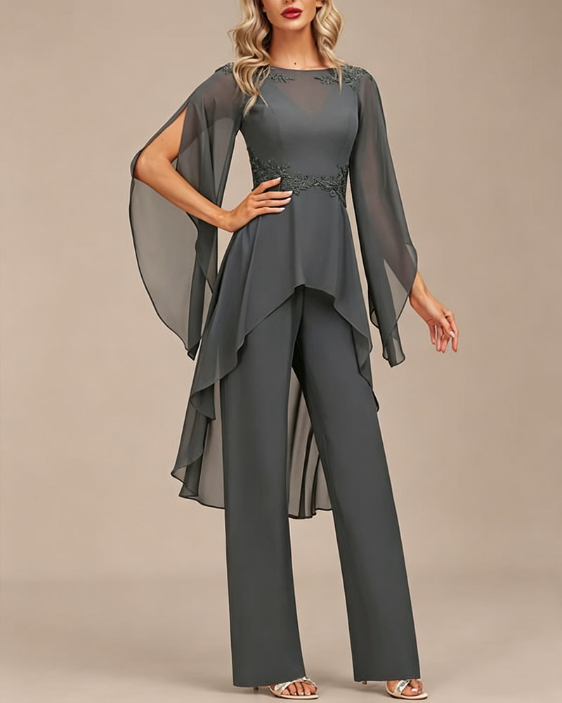 Grey Lace Embellished Chiffon Overlay Mother of the Bride Pant Suit