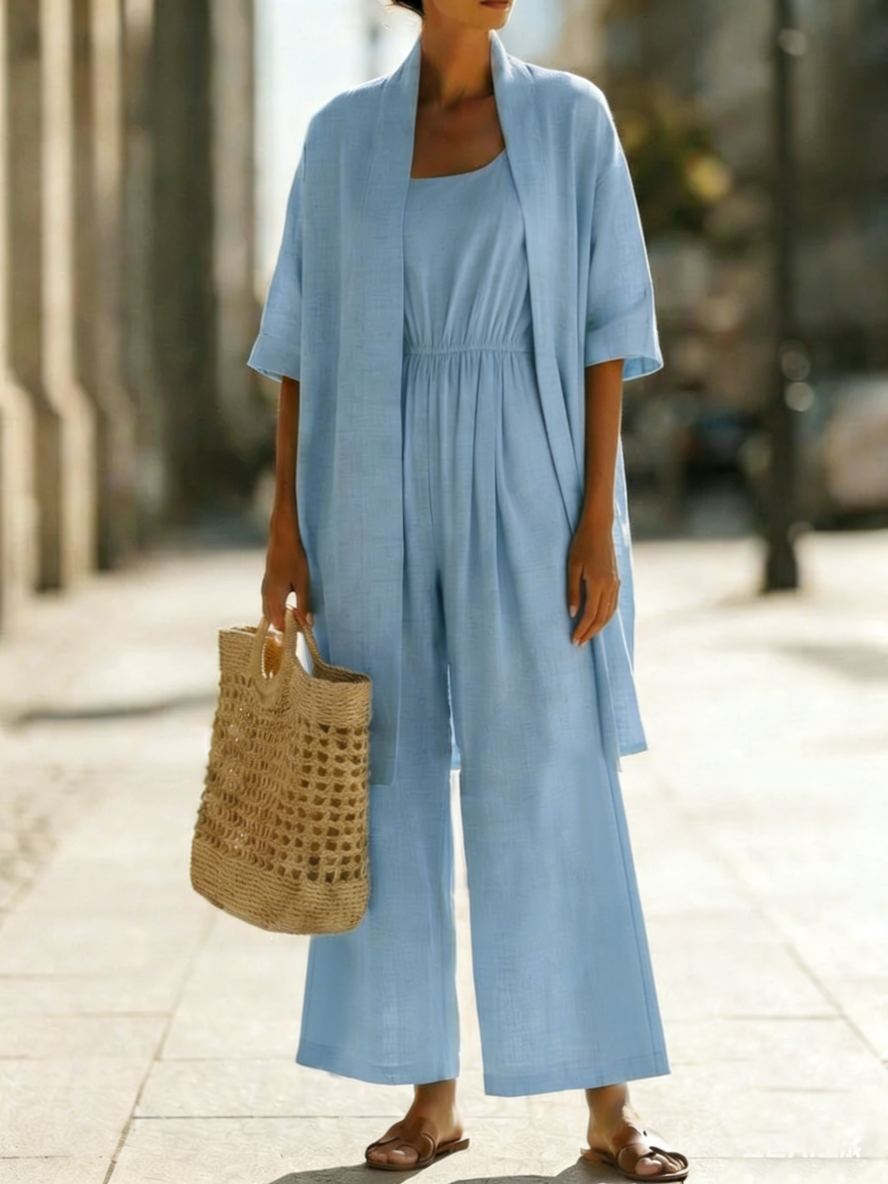 Minimalist Cozy Jumpsuit And Cardigan Linen Cotton Two-piece Set