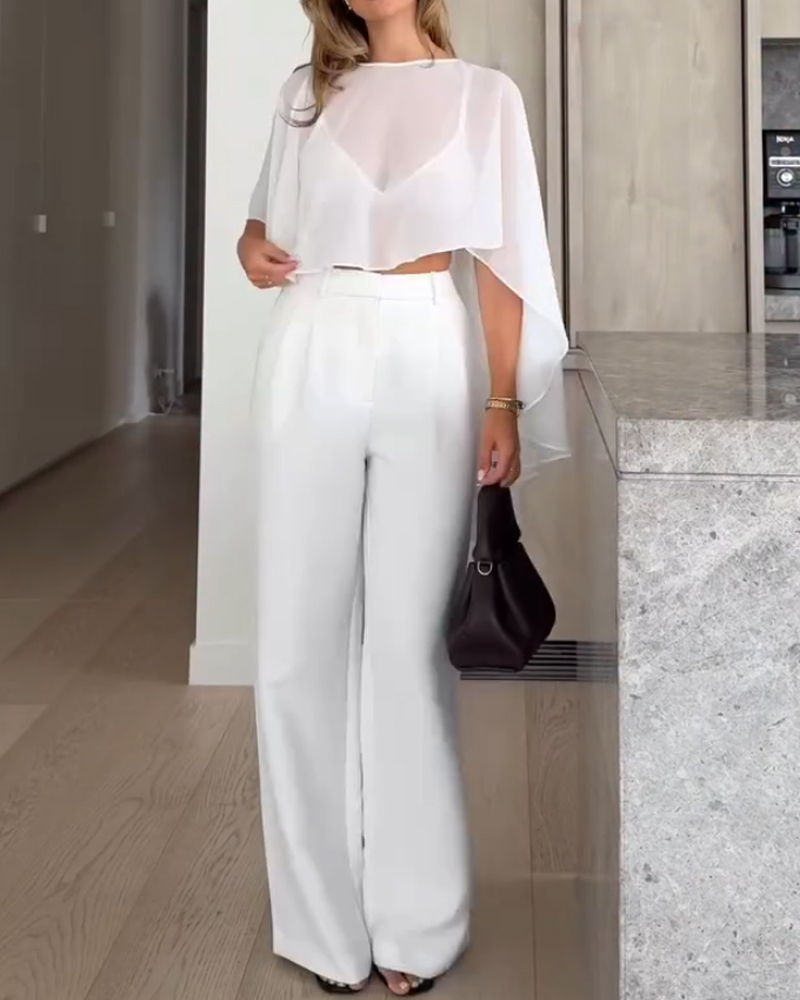 Two-piece set: shawl-style chiffon top + solid color pants