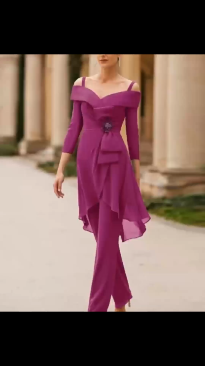 Fuchsia Chiffon Formal Two Piece Set, Off Shoulder Mother of the Bride Pantsuit with Beaded Detail
