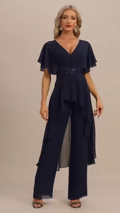 Navy Chiffon Lace Beaded Waist Cape Sleeve Formal Pant Suit