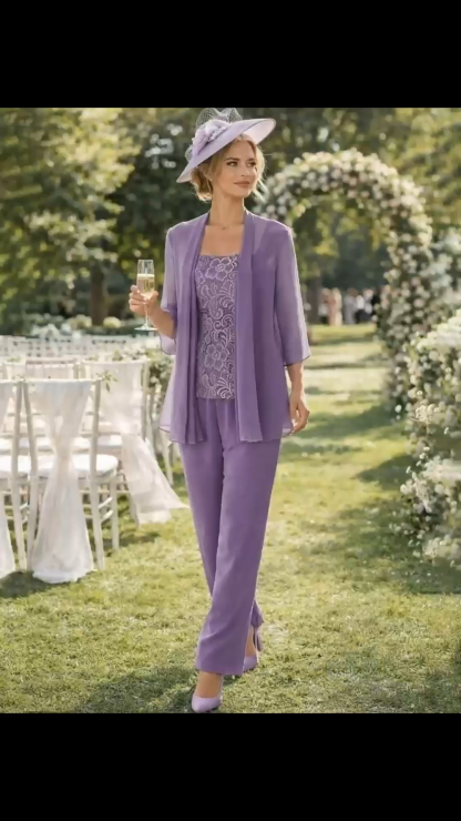 Dusty Purple Lace Tank Top 3 Piece Chiffon Pant Suit