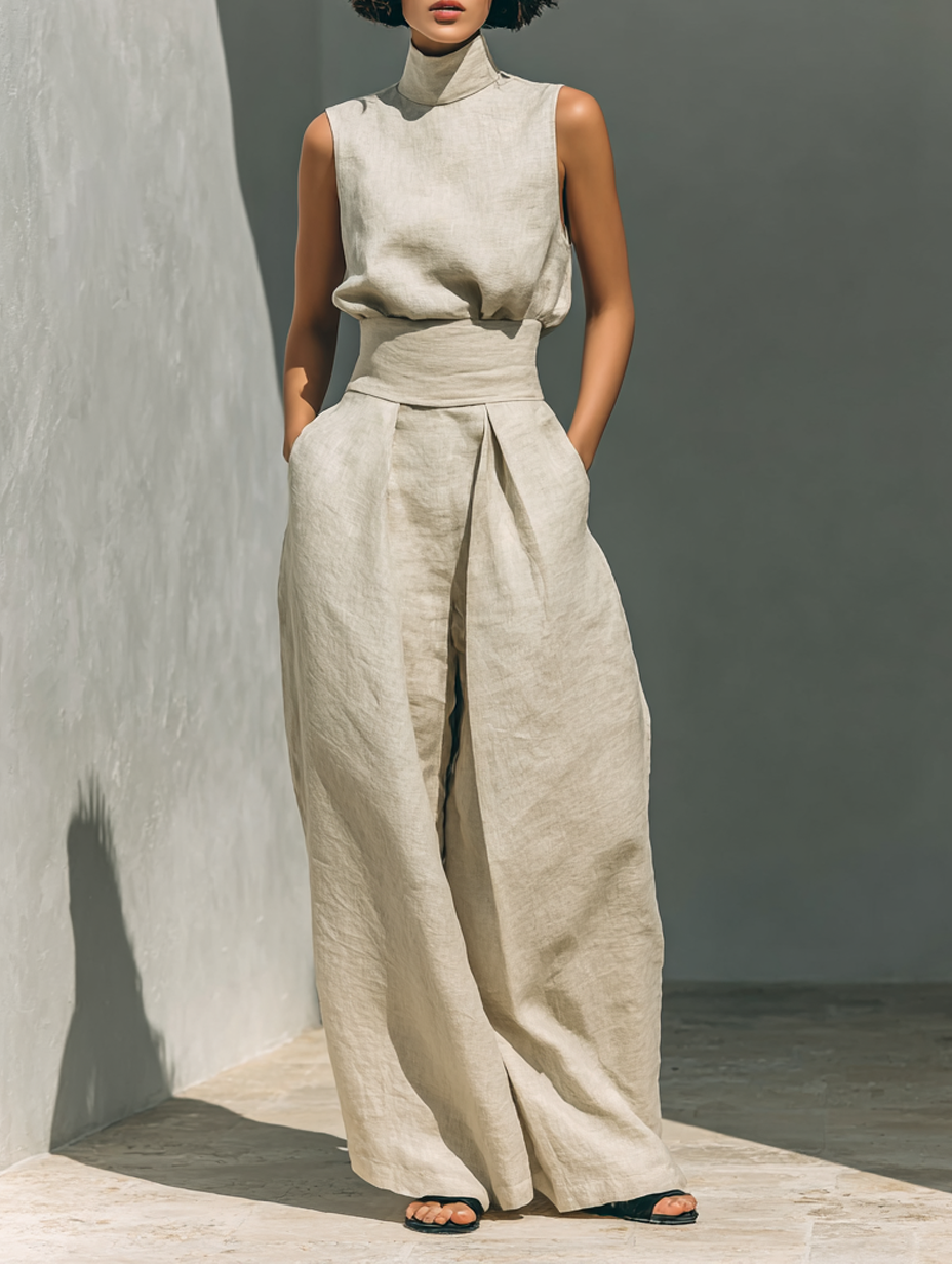 Women's Minimalist Cotton And Linen Blend Sleeveless Blouse And Wide-leg Pants Set