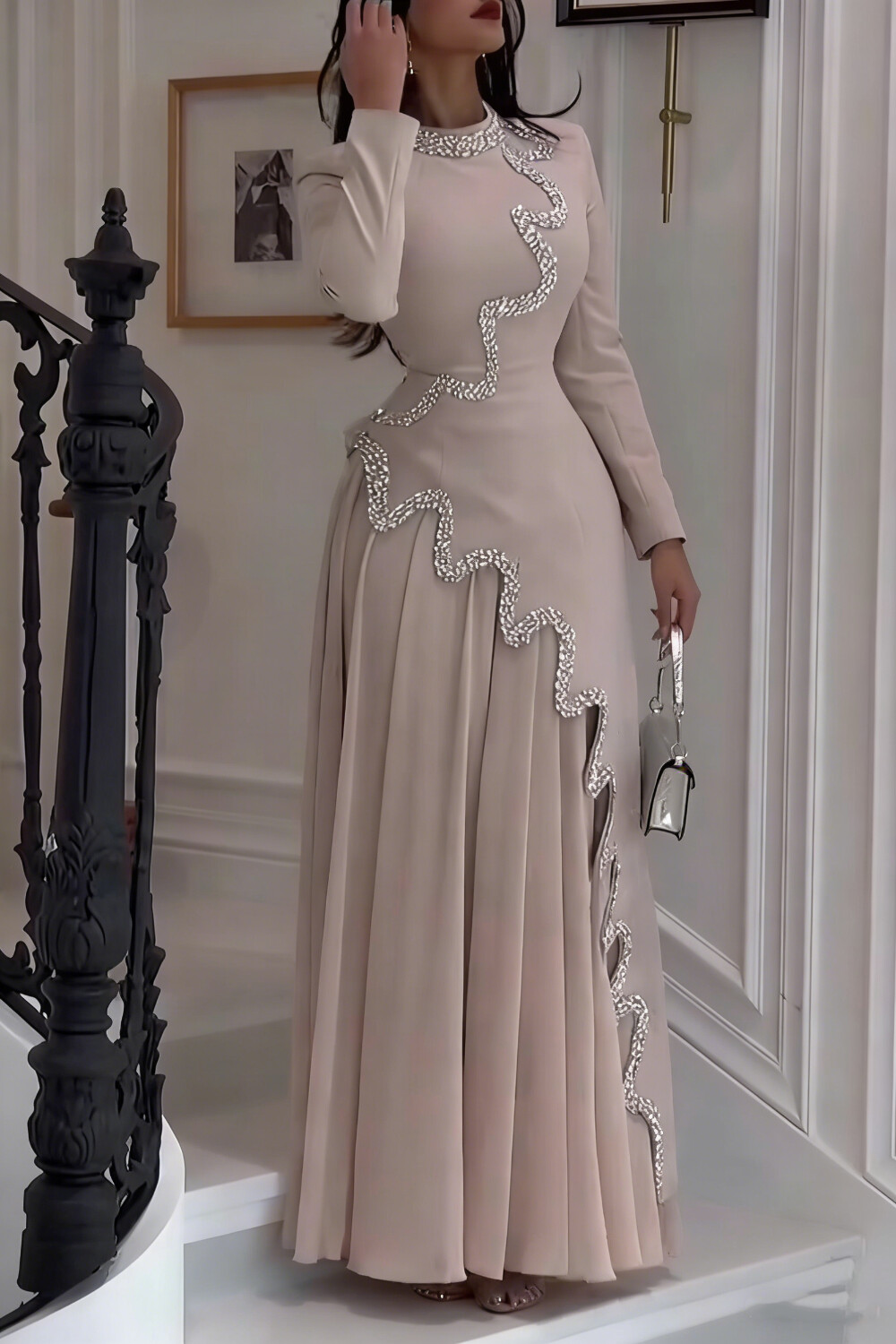 Asymmetric Hot Drilling Patchwork Mock Neck Party Maxi Dresses