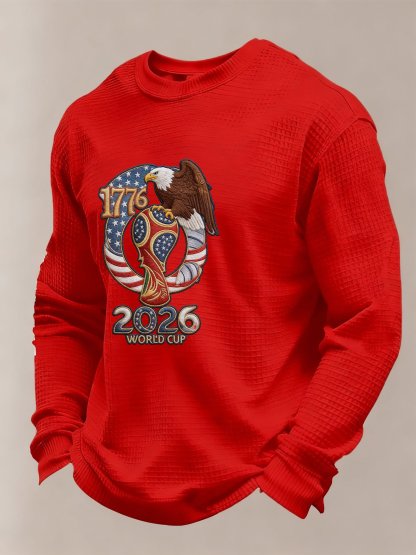 Men's US 250th Anniversary 1776-2026 Waffle-Knit Long Sleeve – Eagle & World Cup Patriotic Graphic Tee-pufftee