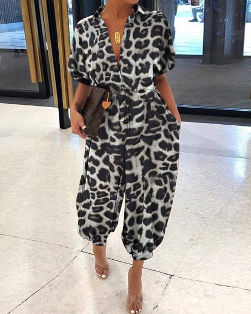 Leopard print button-down jumpsuit with lapel