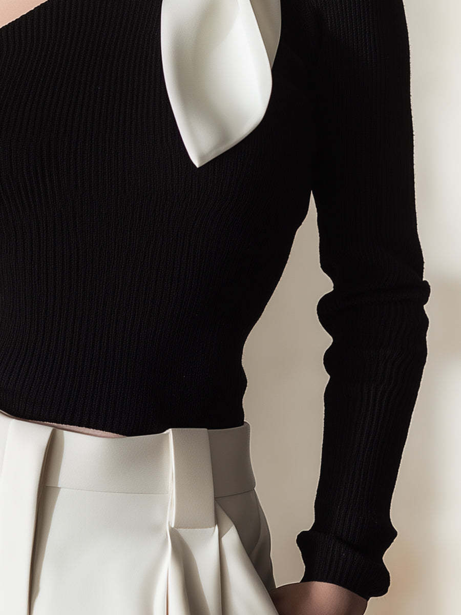 One-Shoulder Knit Top With Contrast Bow Detail