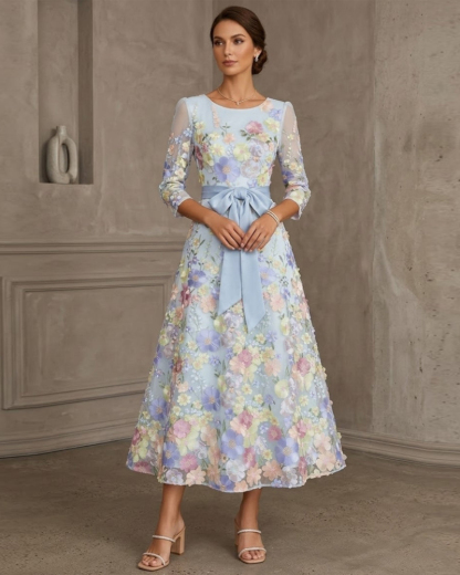 A-Line/Princess Scoop Lace Dresses Floral Embroidery Tea-Length 3/4 Sleeves Bowknot